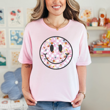 Load image into Gallery viewer, Wholesale Checker Floral Happy Face Graphic Tee - Light Pink Tee
