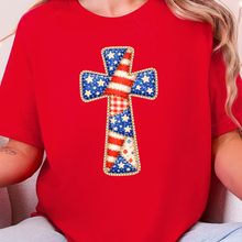 Load image into Gallery viewer, Wholesale Patriotic Patchwork Cross Graphic Tee - Red Tee
