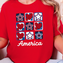 Load image into Gallery viewer, Wholesale Patriotic Quilt Stars Hearts Graphic Tee - Red Tee
