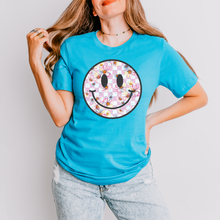 Load image into Gallery viewer, Wholesale Checker Floral Happy Face Graphic Tee - Aqua Tee
