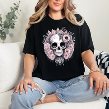 Load image into Gallery viewer, Wholesale Skull with Pink Roses Graphic Tee - Black Tee
