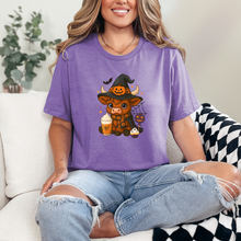 Load image into Gallery viewer, Wholesale Highland Cow Halloween Graphic Tee - Heather Team Purple Tee

