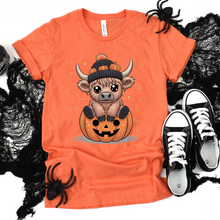 Load image into Gallery viewer, Wholesale Cow on Pumpkin Graphic Tee - Heather Orange Tee
