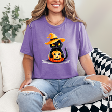 Load image into Gallery viewer, Wholesale Halloween Pumpkin Cat Graphic Tee - Heather Team Purple Tee
