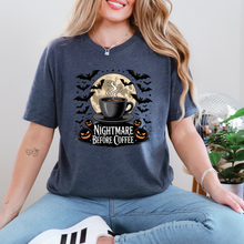 Load image into Gallery viewer, Wholesale Bats and Nightmare Before Coffee Graphic Tee - Heather Navy Tee
