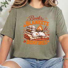 Load image into Gallery viewer, Wholesale Books, Blankets &amp; Bonfires Graphic Tee - Heather Olive
