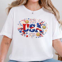 Load image into Gallery viewer, Wholesale Faux Yarn USA Fireworks Graphic Tee - White Tee
