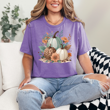 Load image into Gallery viewer, Wholesale Boho Pumpkins Floral Graphic Tee - Heather Team Purple Tee
