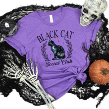 Load image into Gallery viewer, Wholesale Black Cat Social Club Graphic Tee - Heather Team Purple Tee
