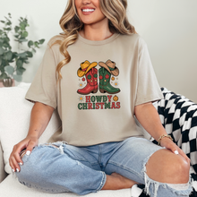 Load image into Gallery viewer, Wholesale Howdy Christmas Boots Graphic Tee - Tan Tee
