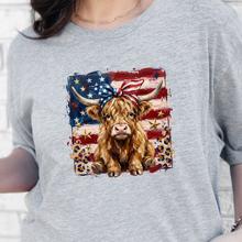 Load image into Gallery viewer, Wholesale Patriotic Highland Cow Graphic Tee - Grey Tee
