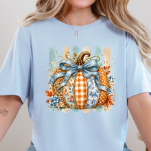 Load image into Gallery viewer, Wholesale Striped Patchwork Pumpkin Graphic Tee - Baby Blue
