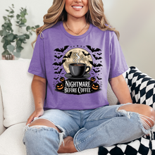 Load image into Gallery viewer, Wholesale Bats and Nightmare Before Coffee Graphic Tee - Heather Team Purple Tee
