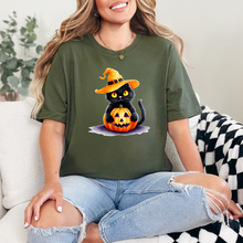 Load image into Gallery viewer, Wholesale Halloween Pumpkin Cat Graphic Tee - Military Green Tee
