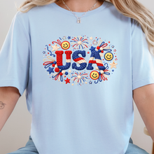Load image into Gallery viewer, Wholesale Faux Yarn USA Fireworks Graphic Tee - Baby Blue Tee
