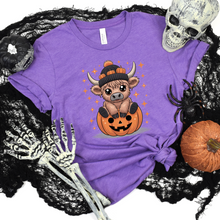Load image into Gallery viewer, Wholesale Cow on Pumpkin Graphic Tee - Heather Team Purple Tee
