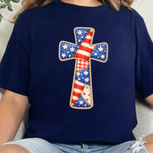 Load image into Gallery viewer, Wholesale Patriotic Patchwork Cross Graphic Tee - Navy Tee
