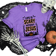 Load image into Gallery viewer, Wholesale Life Is Scary without Jesus Graphic Tee - Heather Team Purple
