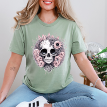 Load image into Gallery viewer, Wholesale Skull with Pink Roses Graphic Tee - Sage Tee
