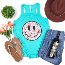 Load image into Gallery viewer, Wholesale Checker Floral Happy Face Graphic Tee - Teal Tank
