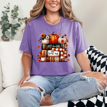 Load image into Gallery viewer, Wholesale Girl Who Loves Fall &amp; Books Graphic Tee - Heather Team Purple Tee
