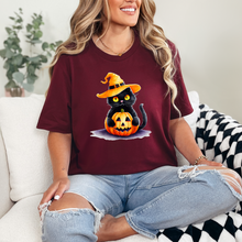 Load image into Gallery viewer, Wholesale Halloween Pumpkin Cat Graphic Tee - Maroon Tee
