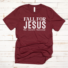 Load image into Gallery viewer, Wholesale Fall for Jesus he never leaves Graphic Tee - Maroon Tee
