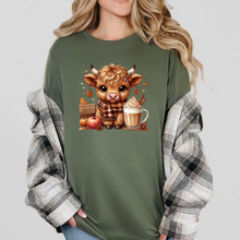 Load image into Gallery viewer, Wholesale Highland Cow Cocoa Graphic Tee - Military Green Tee
