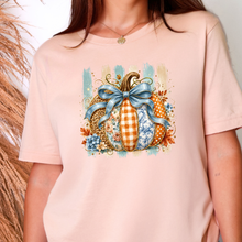 Load image into Gallery viewer, Wholesale Striped Patchwork Pumpkin Graphic Tee - Peach
