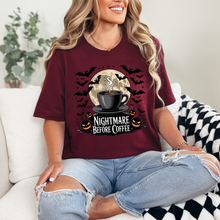 Load image into Gallery viewer, Wholesale Bats and Nightmare Before Coffee Graphic Tee - Maroon Tee
