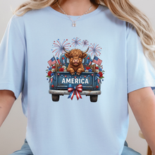 Load image into Gallery viewer, Wholesale Highland Cow America Truck Graphic Tee - Baby Blue Tee

