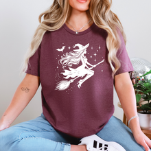 Load image into Gallery viewer, Wholesale Witch on Broom Graphic Tee - Heather Maroon Tee
