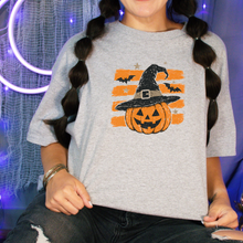 Load image into Gallery viewer, Wholesale Striped Vintage Halloween Pumpkin Graphic Tee - Grey
