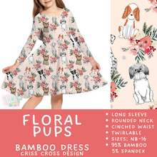 Load image into Gallery viewer, Ready to Ship - Floral Pups Long Sleeve Criss-Cross Bamboo Dress - 4, 8 &amp; 10
