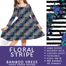 Load image into Gallery viewer, Ready to Ship - Floral Stripe Long Sleeve Criss-Cross Bamboo Dress - 4, 6 &amp; 8
