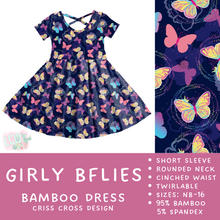 Load image into Gallery viewer, Ready to Ship - Girly BFlies Criss-Cross Bamboo Dress - 4T &amp; 5T
