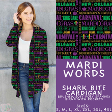 Load image into Gallery viewer, Batch #605 - Mardi Party - Closes 10/28 - ETA late Dec - Mardi Words Cardigan
