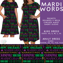 Load image into Gallery viewer, Batch #605 - Mardi Party - Closes 10/28 - ETA late Dec - Mardi Words Adult &amp; Kids Dresses
