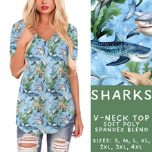 Load image into Gallery viewer, Batch #307 - Sea Life - Closes 3/20 - ETA mid May - Sharks V-Neck Tee
