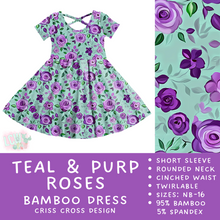 Load image into Gallery viewer, Ready to Ship Teal &amp; Purp Roses Criss-Cross Bamboo Dress - 4T
