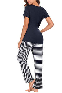 Pocketed Short Sleeve Top and Striped Pants Lounge Set