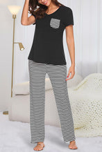 Load image into Gallery viewer, Pocketed Short Sleeve Top and Striped Pants Lounge Set
