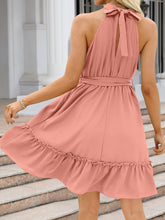 Load image into Gallery viewer, Ruched Grecian Neck Tie Waist Mini Dress
