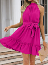 Load image into Gallery viewer, Ruched Grecian Neck Tie Waist Mini Dress
